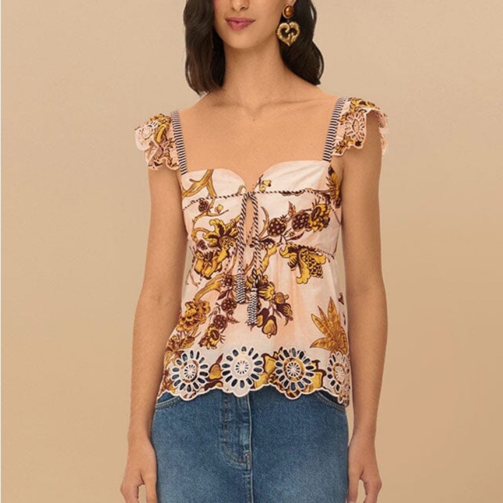 NWT FARM Rio Floral Embroidered, Scallop Trim Top - Size M Pink/Brown - Picture 8 of 8